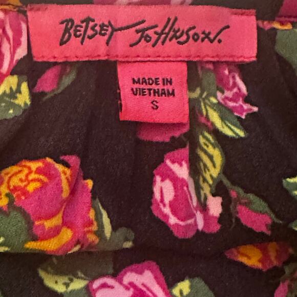 Betsey Johnson Floral Peasant Blouse Black Pink Orange Roses Women’s Small - Picture 5 of 7